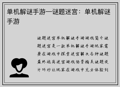 单机解谜手游—谜题迷宫：单机解谜手游