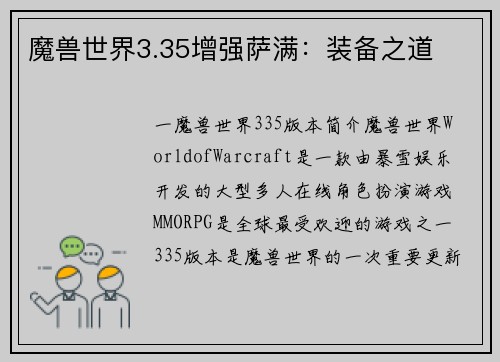 魔兽世界3.35增强萨满：装备之道