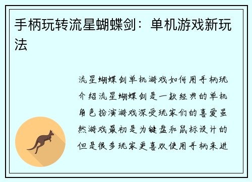 手柄玩转流星蝴蝶剑：单机游戏新玩法