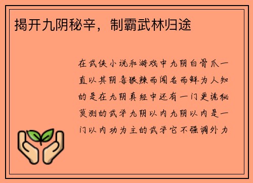 揭开九阴秘辛，制霸武林归途