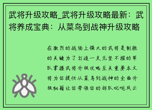 武将升级攻略_武将升级攻略最新：武将养成宝典：从菜鸟到战神升级攻略大全